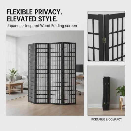 Zwart Houten Kamerscherm met 4 Panel - Japans Design & Ruimteverdeler