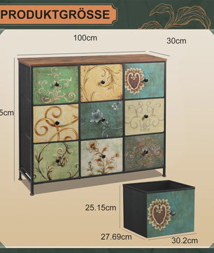 Retro Ladekast met 9 Stoffen Lades - 100x30x86.5cm - Houten Bovenblad & Metaal Frame
