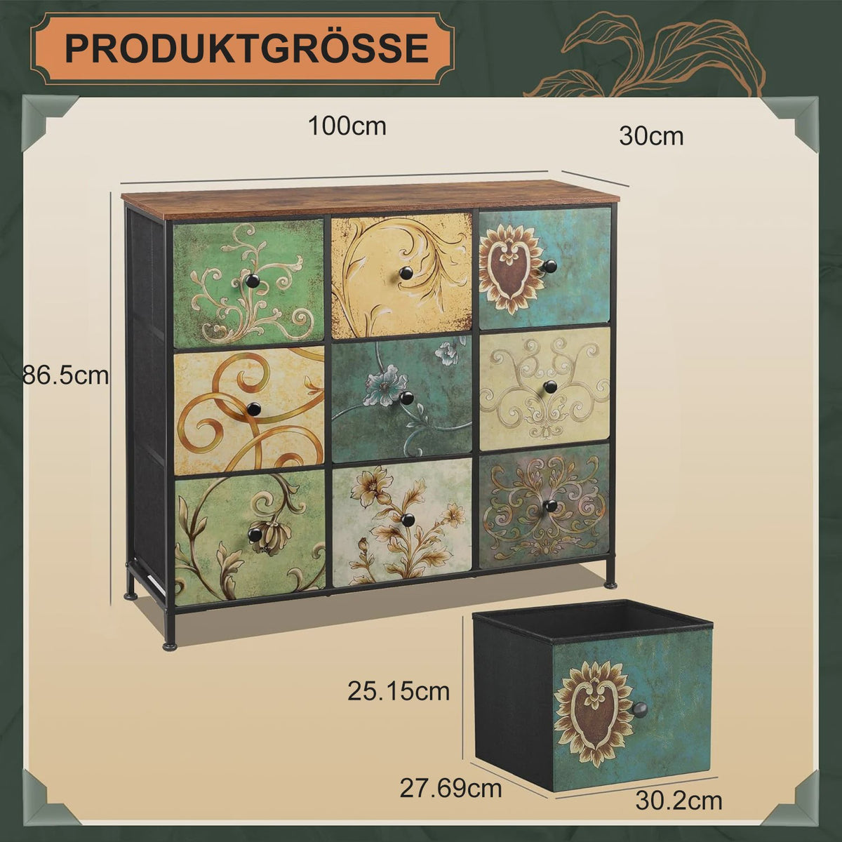 Retro Ladekast met 9 Stoffen Lades - 100x30x86.5cm - Houten Bovenblad & Metaal Frame