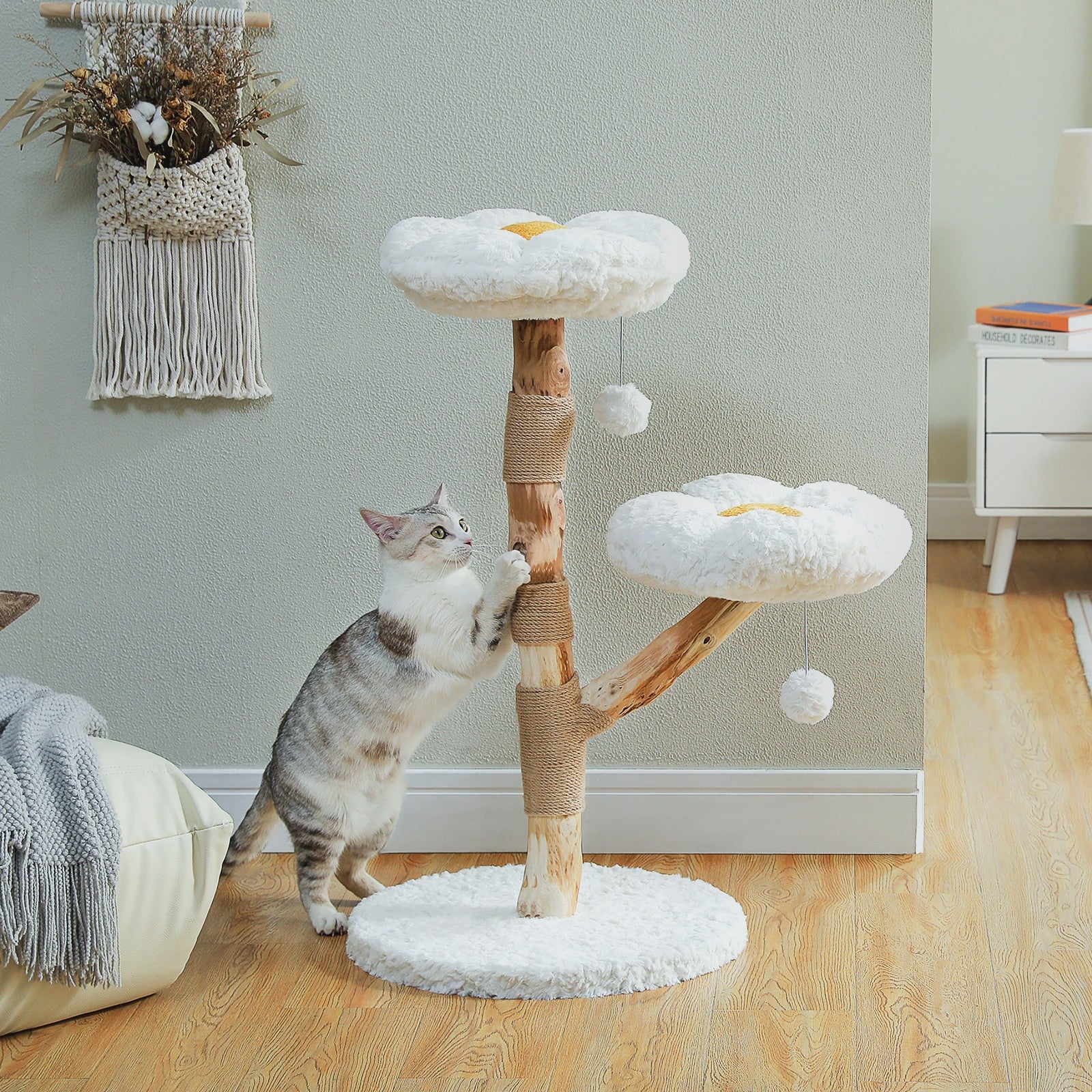 Moderne Bloemen Kattenboom - Houten Krabpaal met 2 Zachte Zitjes en Speeltjes