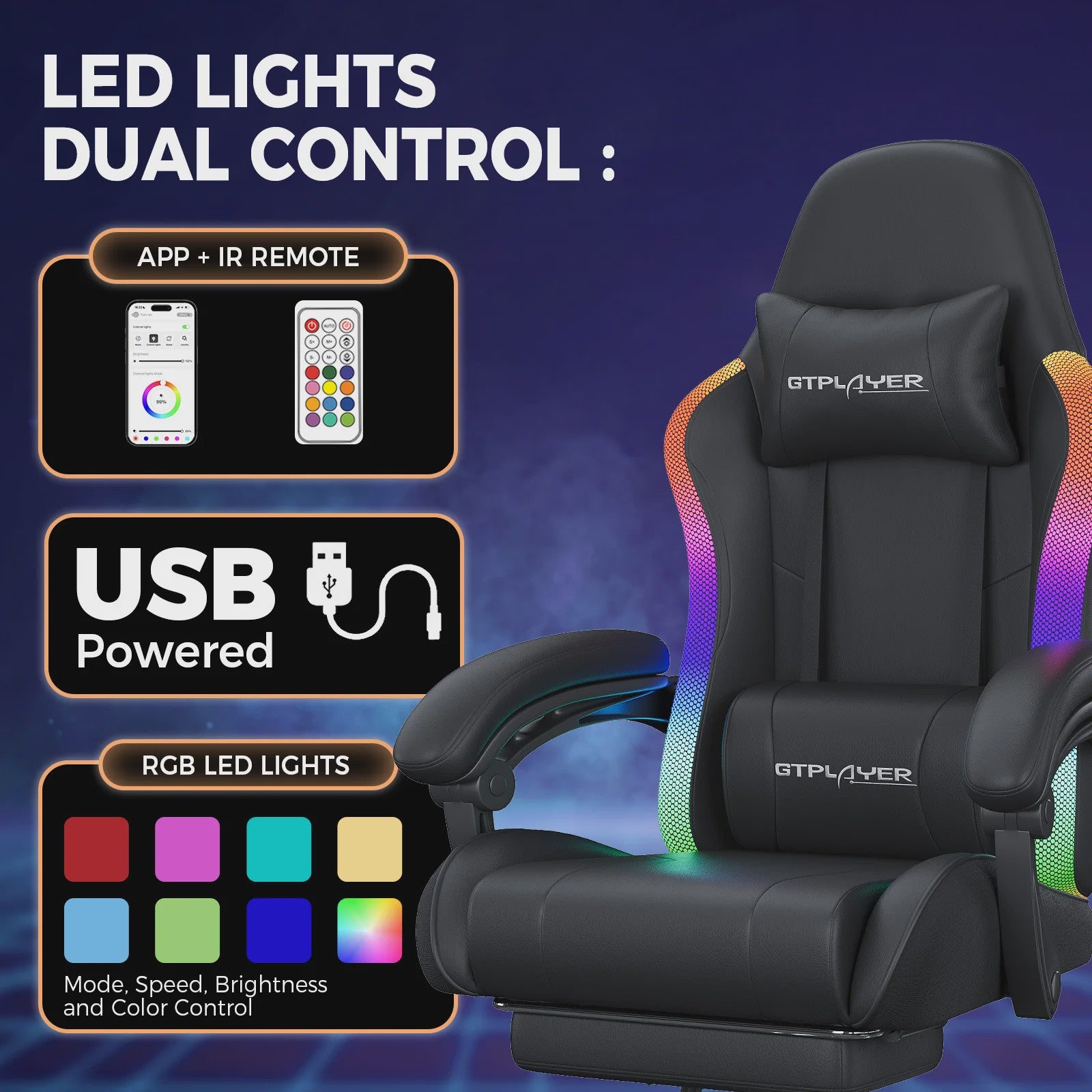 GTPLAYER Ergonomische Gaming & Kantoorstoel met LED Verlichting, Massagefunctie en Opbergvak