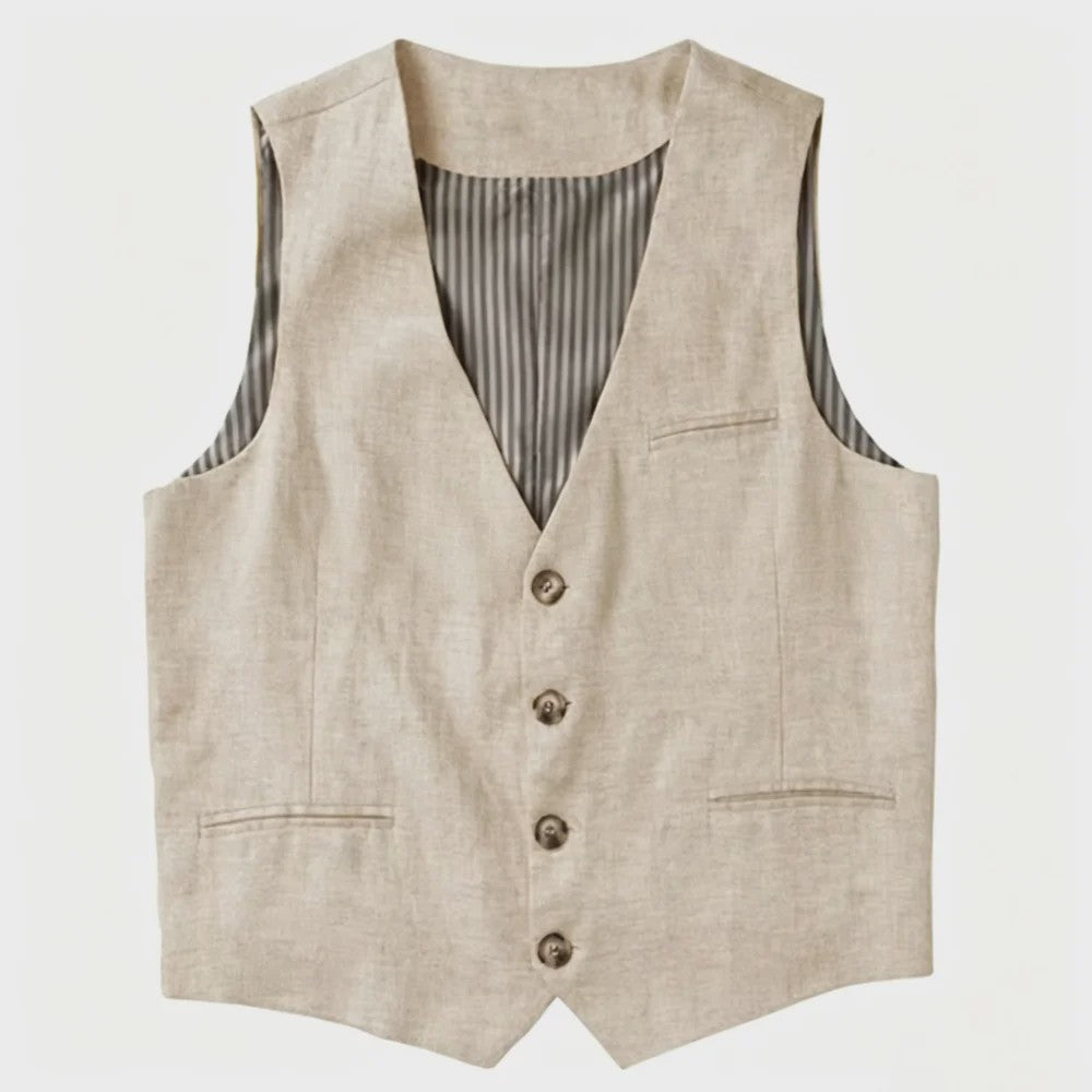 Linnen Heren Gilet - Zomer Waistcoat V-hals Single Breasted Lichtgewicht