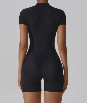 Dames Yoga Jumpsuit met Halve Rits en Opstaande Kraag - Korte Mouwen