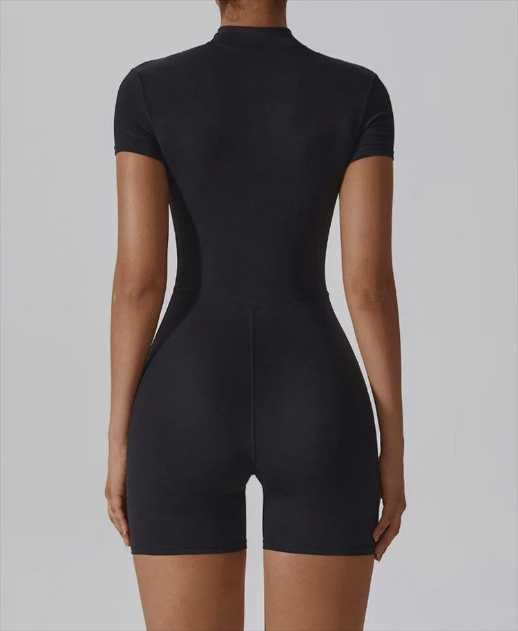 Dames Yoga Jumpsuit met Halve Rits en Opstaande Kraag - Korte Mouwen