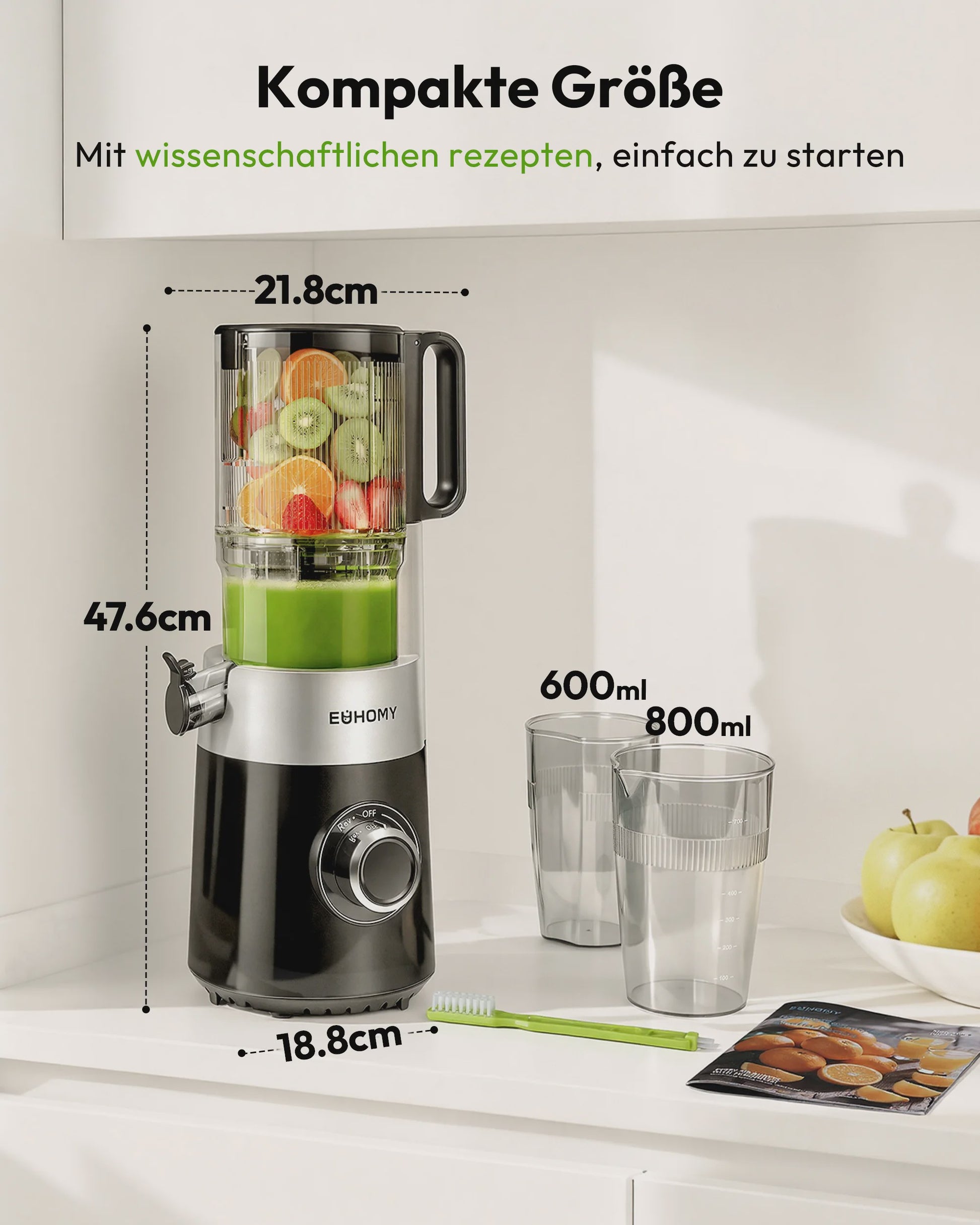 Koude pers slowjuicer met 135mm vulschacht, 220W, 0.7L, 3-voudig filtersysteem - Zwart