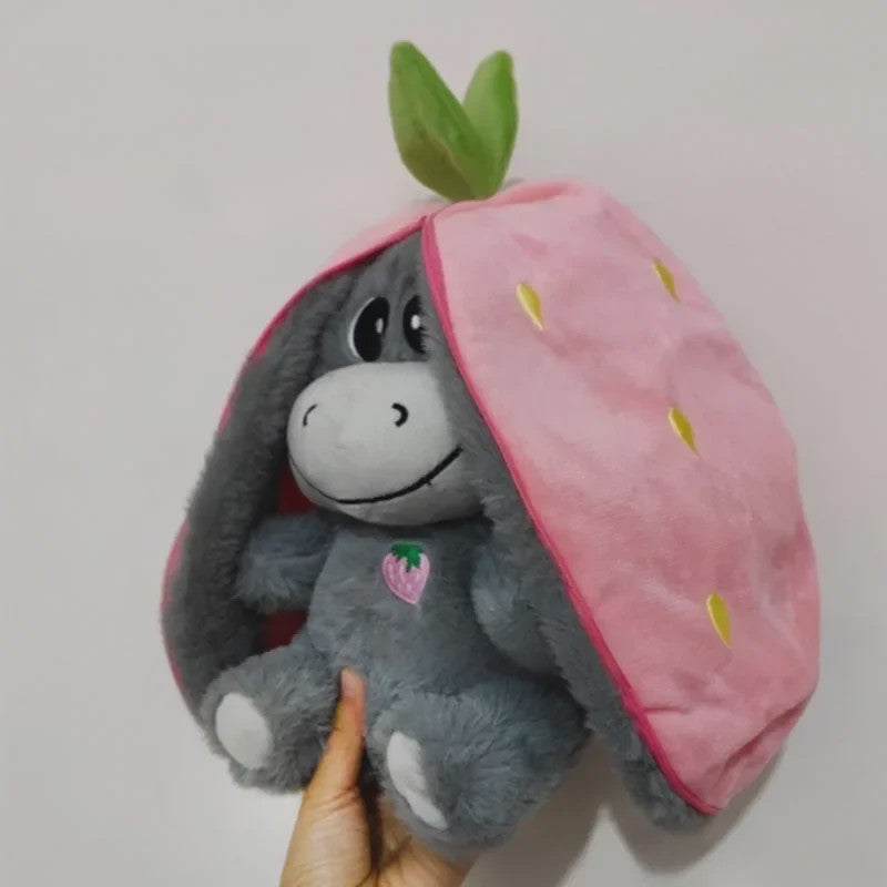 Aardbei Ezel Pluche Knuffel - Veranderbaar & Slaap Poppetje (30cm) - Kinder Cadeau