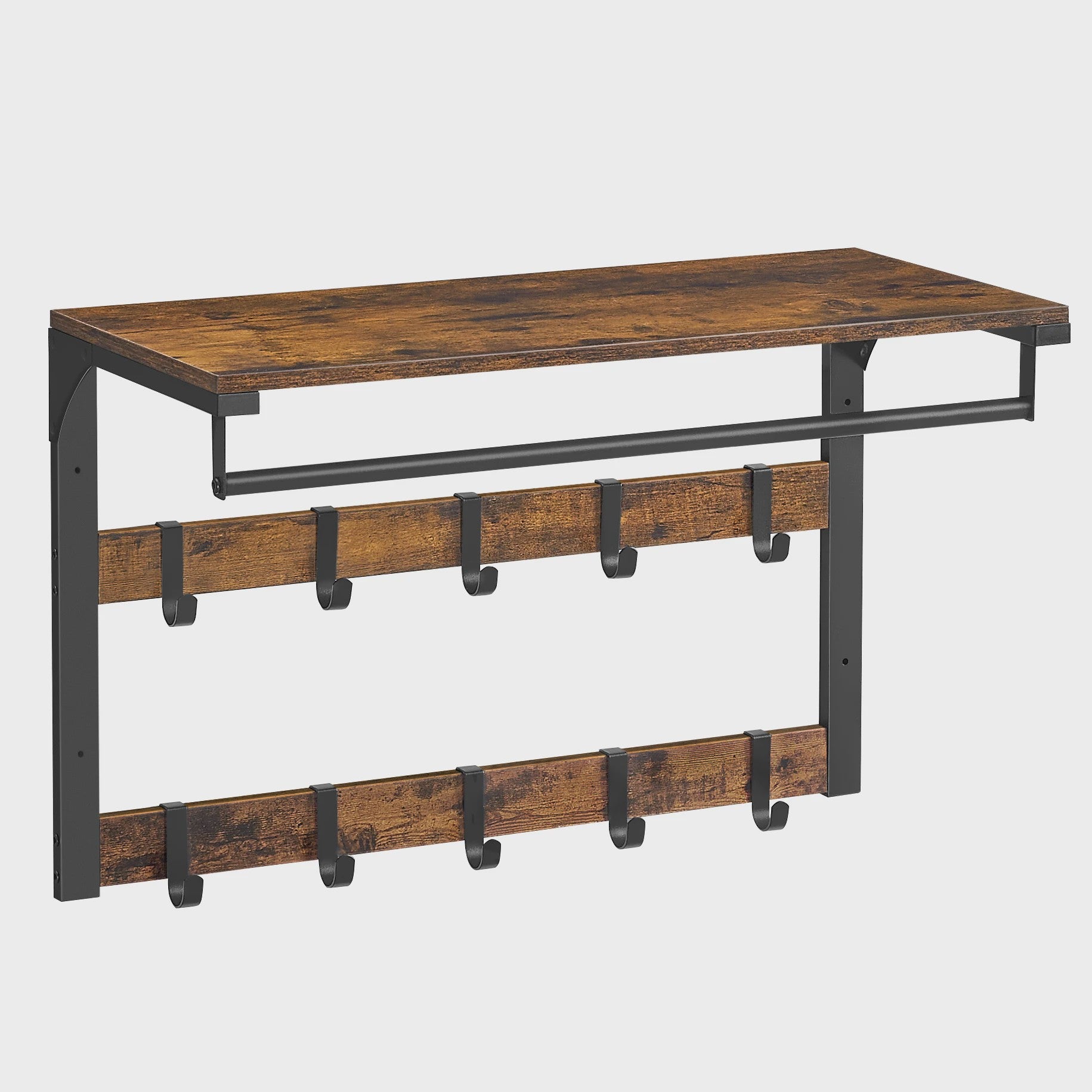VASAGLE Wandkapstok met Plank en 10 Verstelbare Haken - Industrieel Design