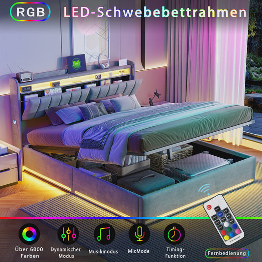 Luxe Dubbel Bed met LED Verlichting, USB-poorten en Opbergruimte - Velvet Stof