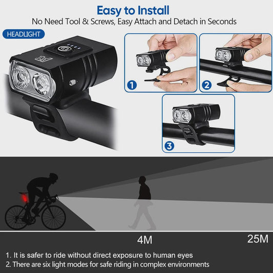 Oplaadbare Fietsverlichting LED Voorlamp Type-C, Waterdicht & 6 Modi