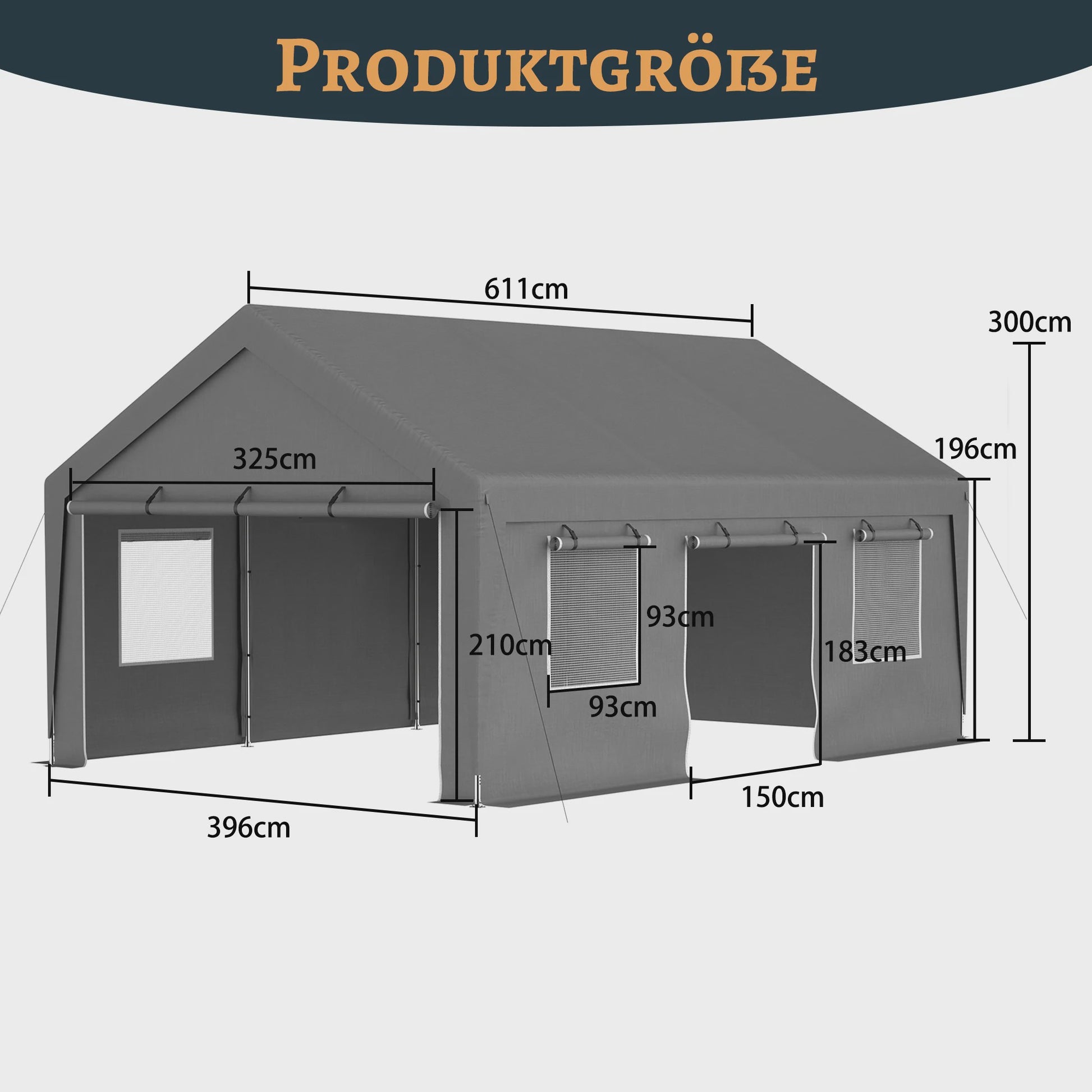 6x4x3m All-Weather Tent - Waterdichte Garage, UV-bescherming, Roll-Up Ramen - Grijs