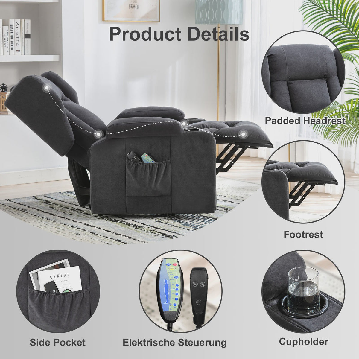 Elektrische Relaxfauteuil met Sta-Op Functie, Massage en Stoffen Bekleding