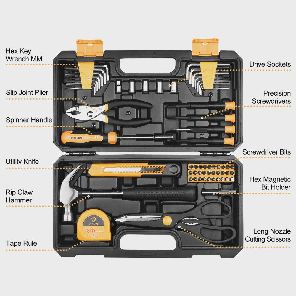 DEKO 62-delige Gereedschapskist: Complete Set voor Huis, Tuin & Auto