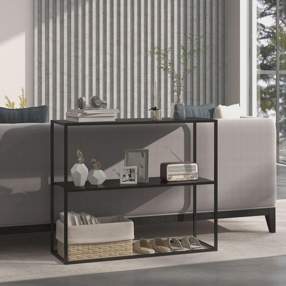 Industriële Console Tafel met Anti-Kip Plank 90x30x75cm Zwart