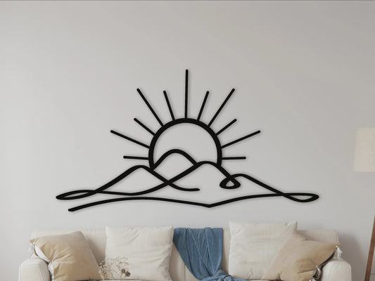 Metal Muurdecoratie Zonsondergang met Bergen - Boho Stijl Wanddecoratie