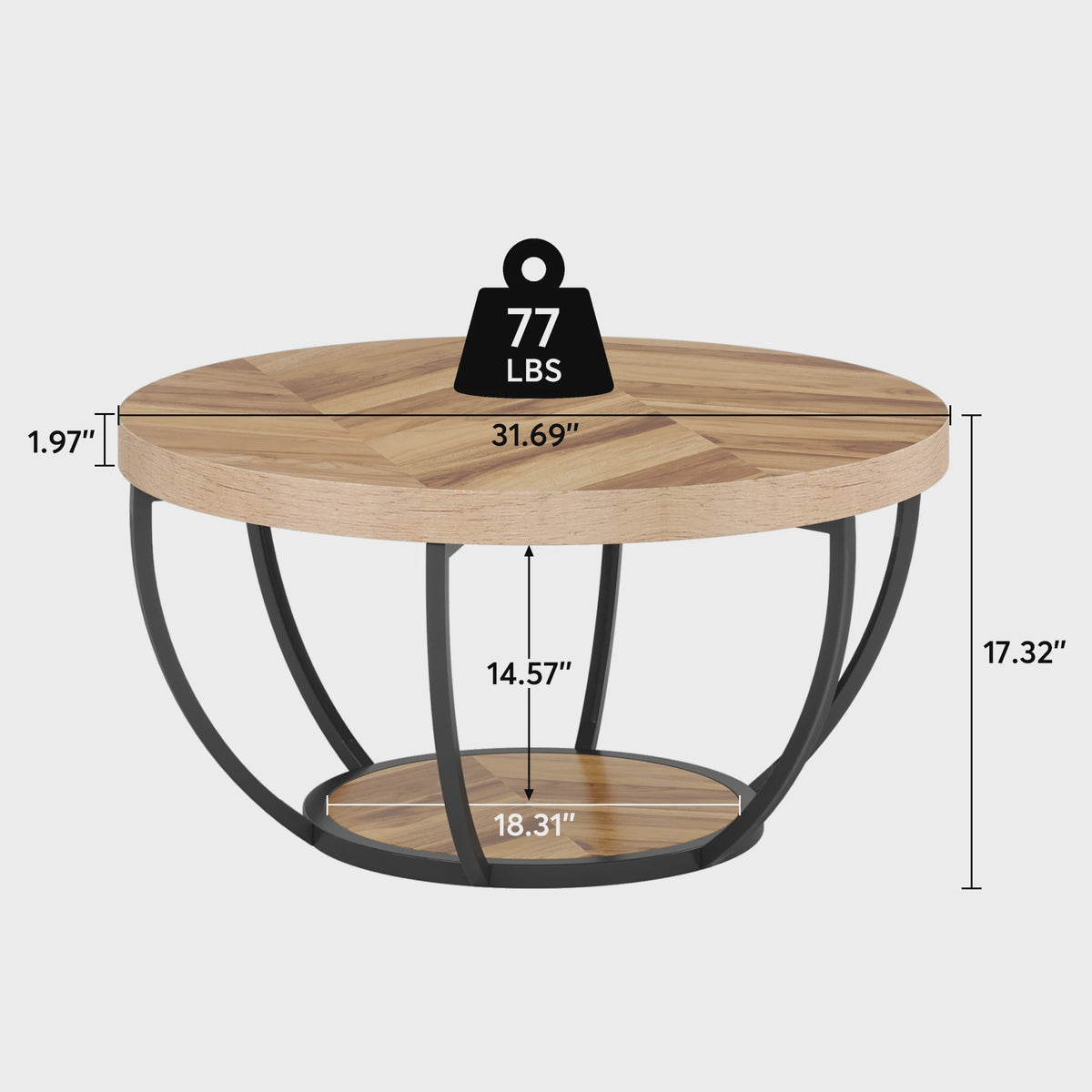 Industriële Ronde Salontafel met 2 Lagen Opslag - 31.7 inch