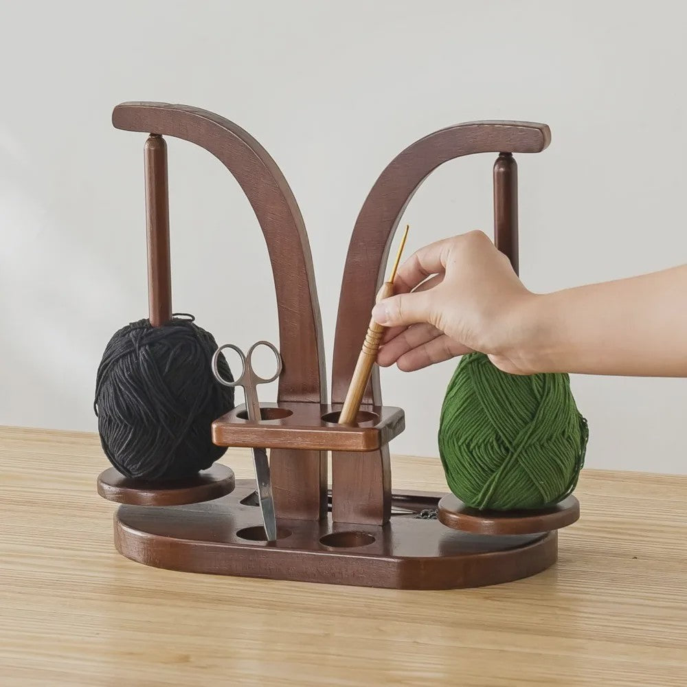 Houten Garenhouder met 2 Roterende Spindels & Opbergvak - Ideaal voor Breien en Haken