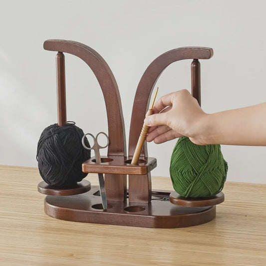 Houten Garenhouder met 2 Roterende Spindels & Opbergvak - Ideaal voor Breien en Haken