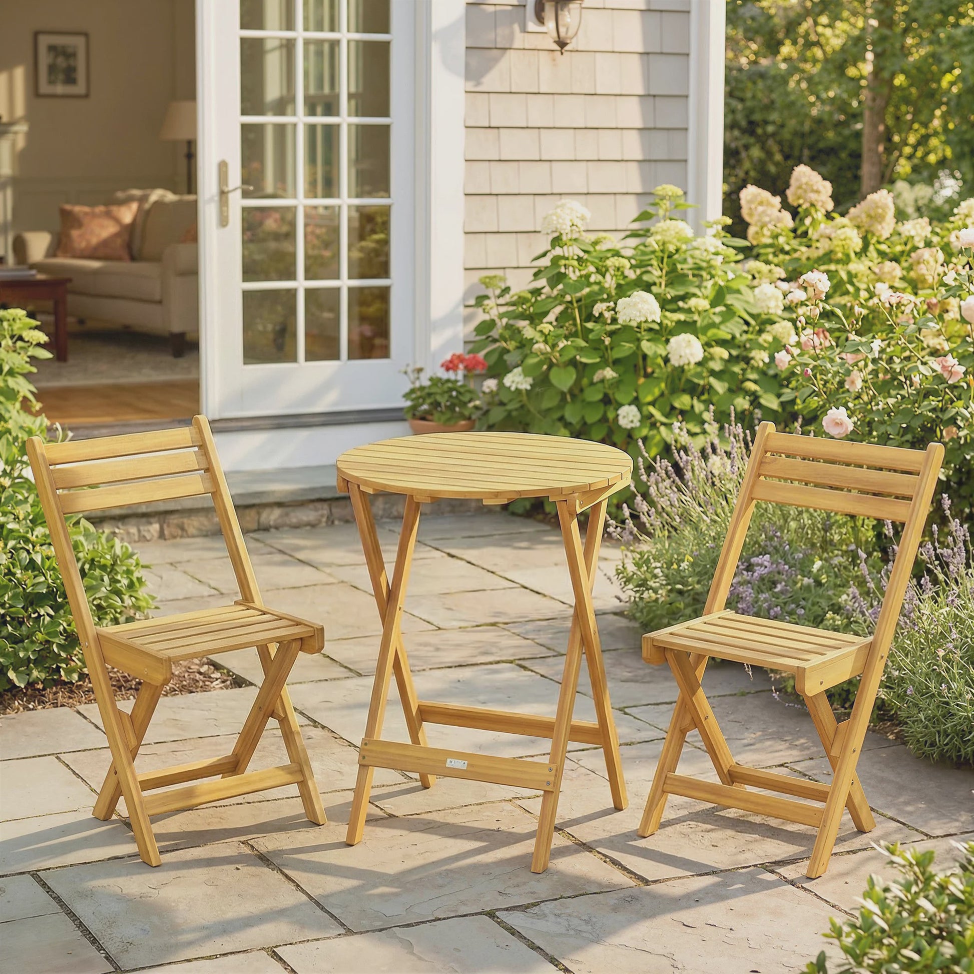 Outsunny 3-delige Inklapbare Bisterset van Acaciahout met Ronde Tafel en 2 Stoelen