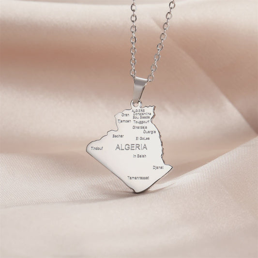 Algerije Kaart Ketting & Sleutelhanger Set - Roestvrij Staal, Stijlvolle Afrikaanse Sieraden