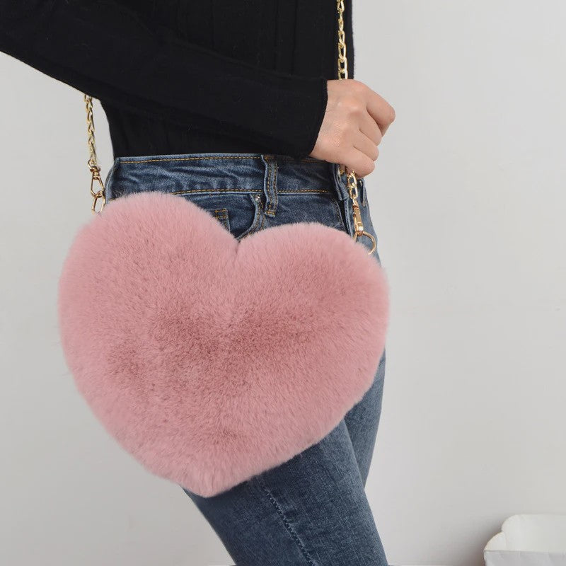 Schattige Hartvormige Pluche Schoudertas met Ketting - Dames Crossbody Tas