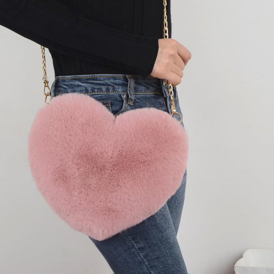 Schattige Hartvormige Pluche Schoudertas met Ketting - Dames Crossbody Tas
