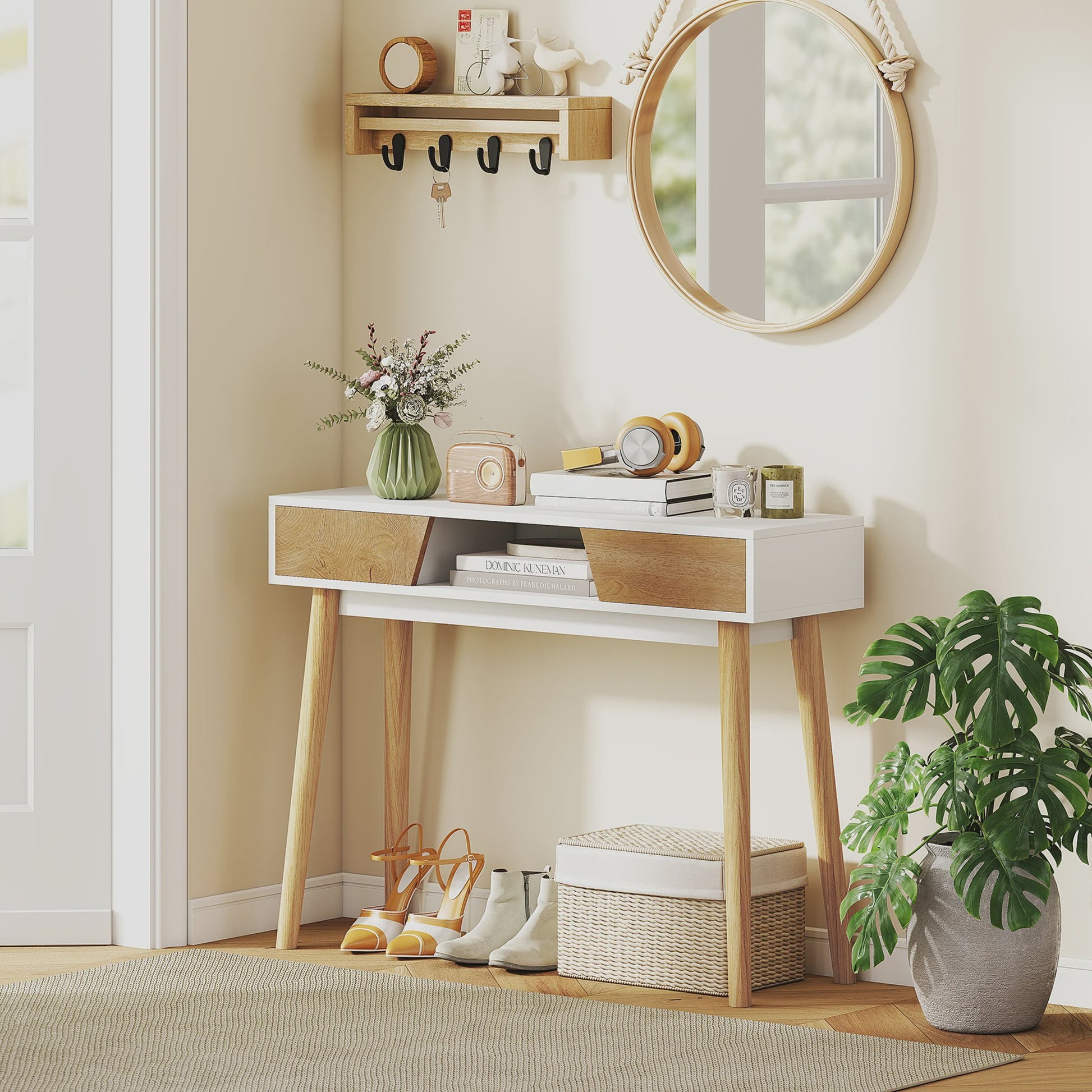 Stijlvolle Hal Console Tafel met 2 Lades en Houten Poten - Wit