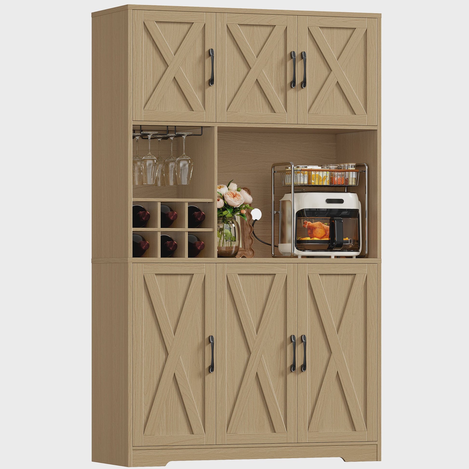 Buffetkast Keuken 106x180cm Wit met 6 Deuren, Flessenhouder & Glazenrek