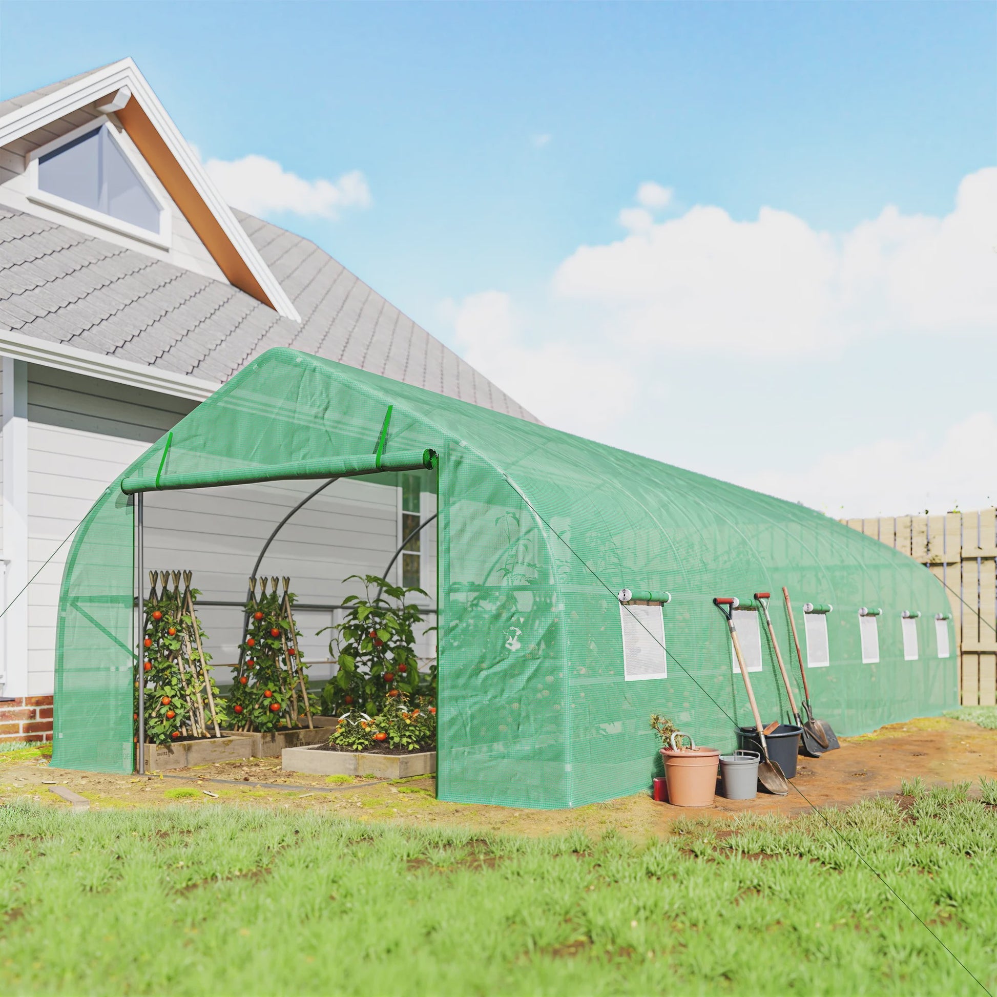 Ruime Tuinkas 8x3x2m met PE-afdekking, Stalen Frame, Roldeur en 12 Ramen