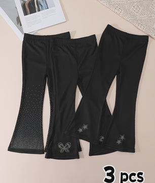 1/3Pcs Girls Sparkle Rhinestone Flare Pants 2-11Y Kids Elastic Waist Bell Bottom Trousers Polyester Spandex Casual Long Pants