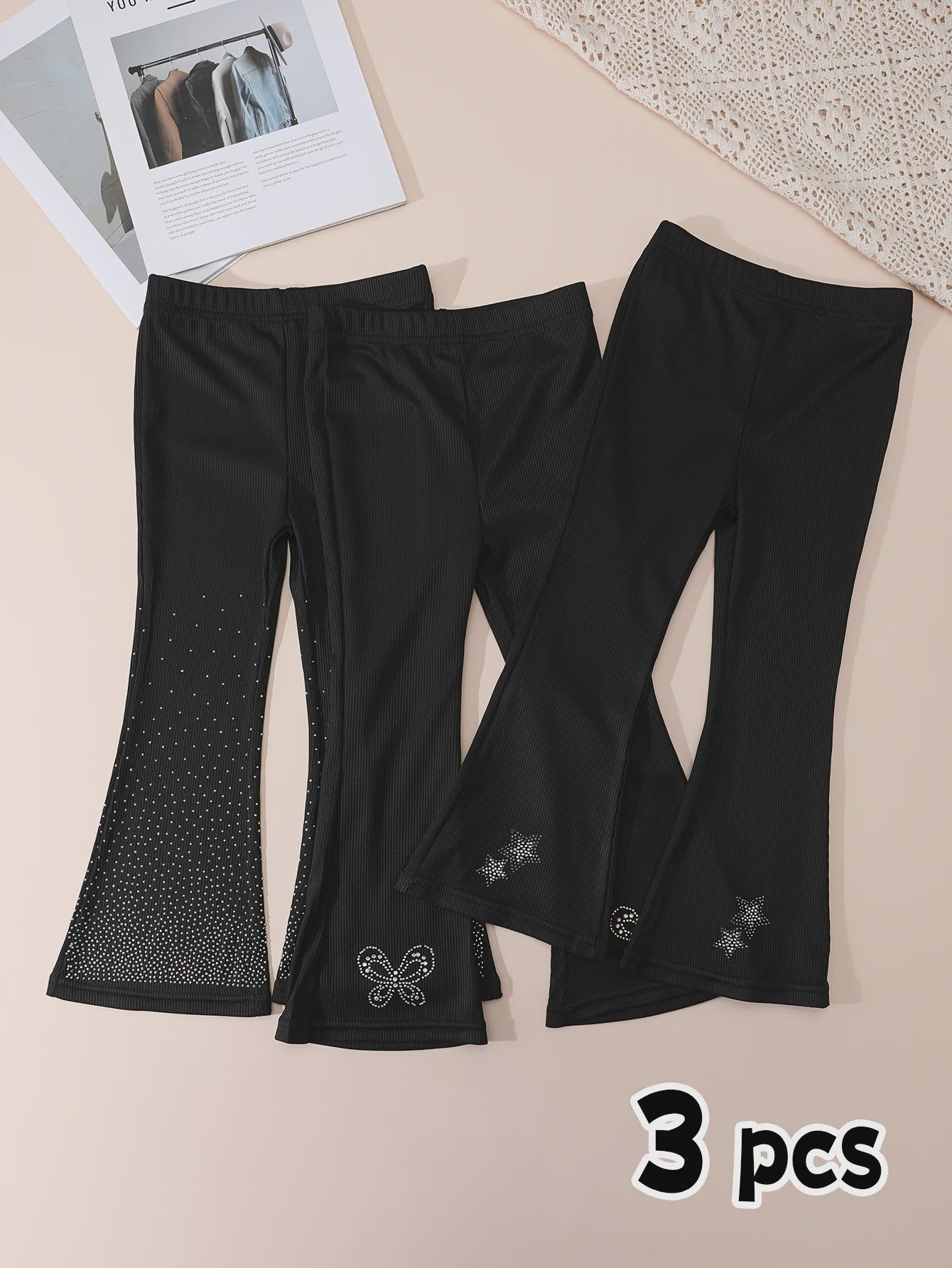 1/3Pcs Girls Sparkle Rhinestone Flare Pants 2-11Y Kids Elastic Waist Bell Bottom Trousers Polyester Spandex Casual Long Pants