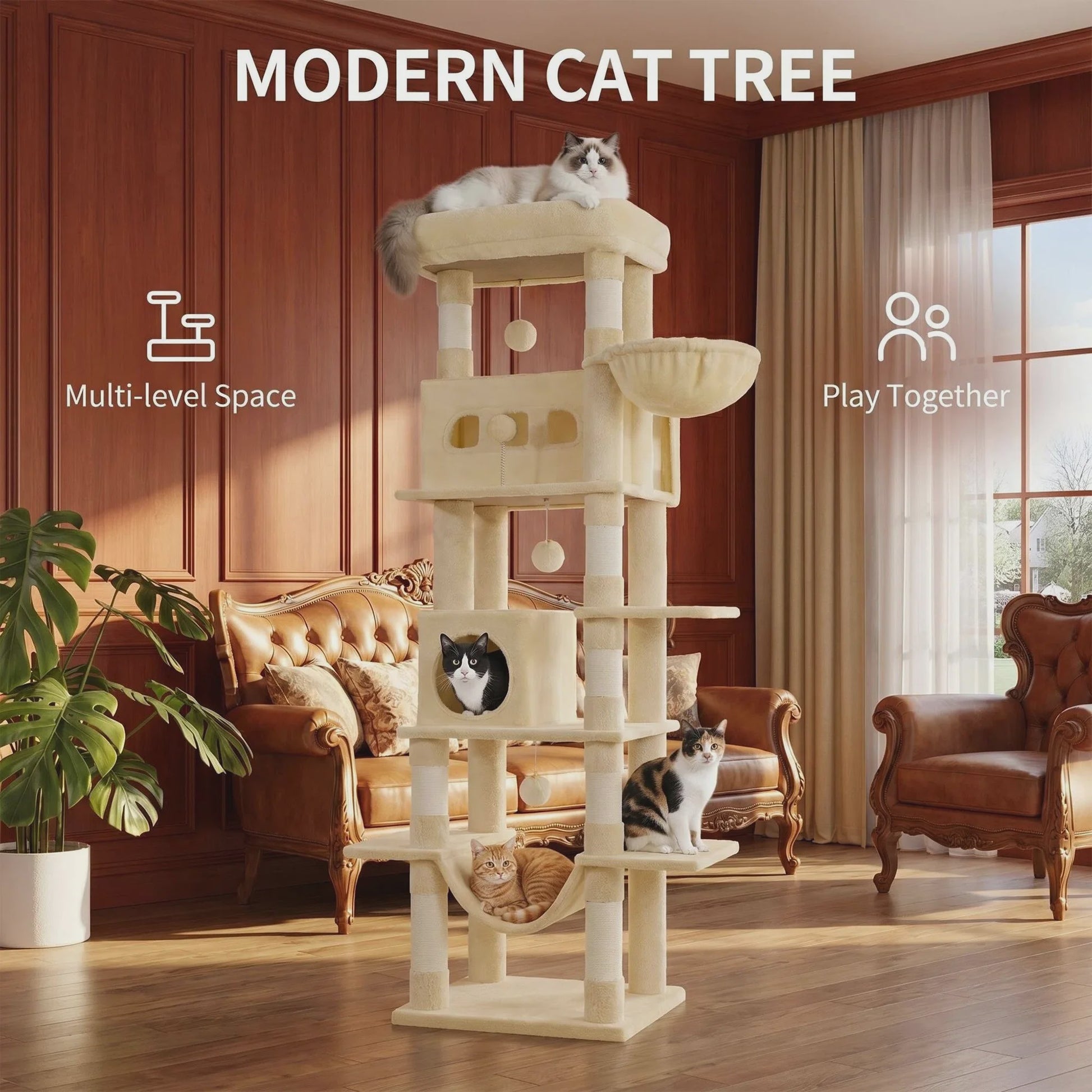 Grote Kattenboom 170 cm - Multi-Level Krabpaal met Ruim Zitplateau & Wasbare Mat - Geschikt voor Maine Coons