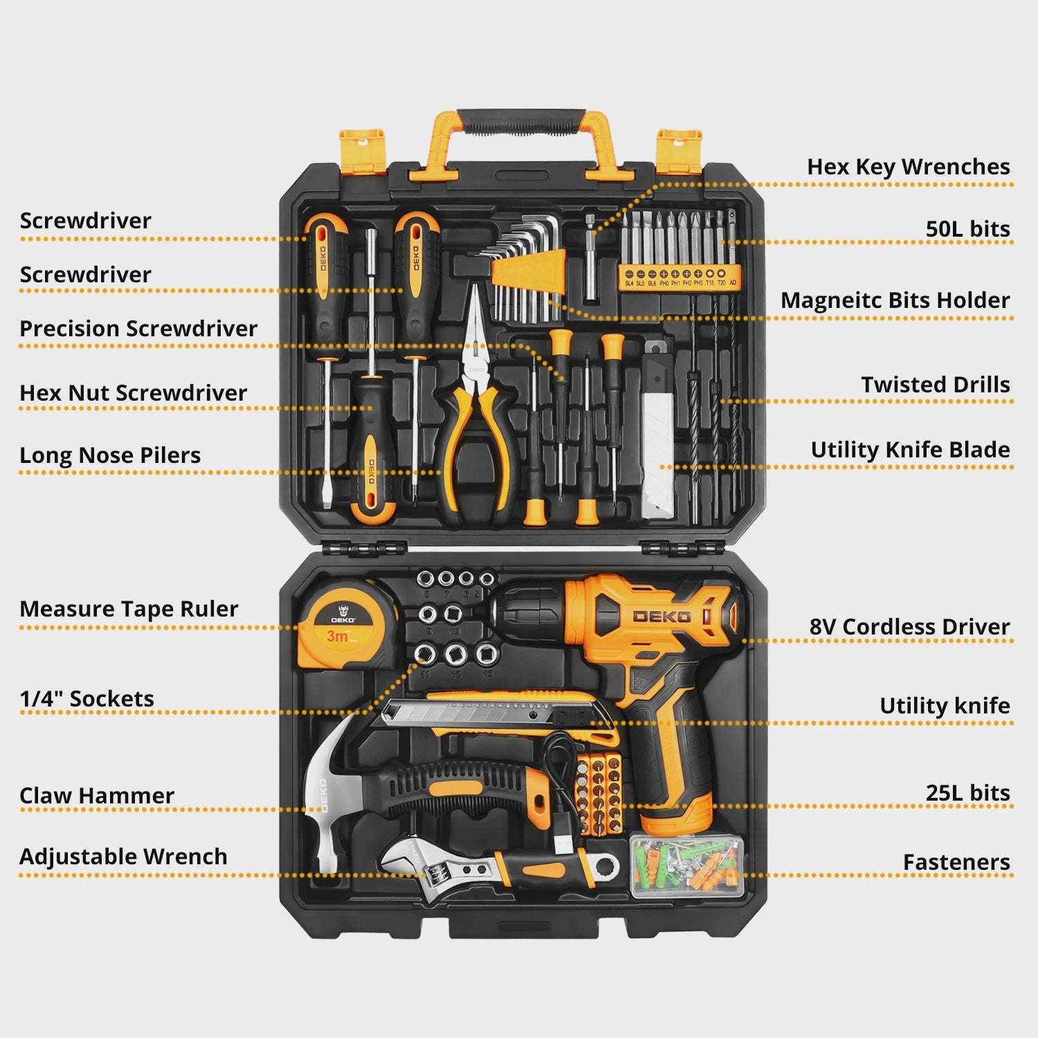 DEKO 126-delige Gereedschapskist met 8V Accuboormachine - Complete Set voor Huis, Tuin & Klussen