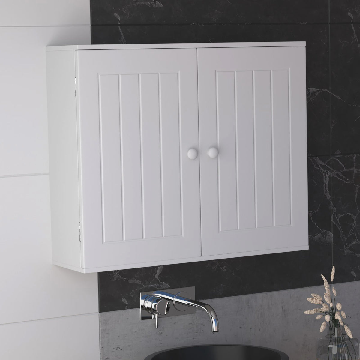 Houten Wandkast Badkamer met Dubbele Deuren - Wit - Ophangbaar & Vrijstaand - 60x50.3x15.2cm