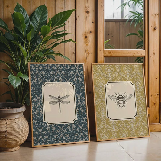 Retro Insect Canvas Print: Libelle, Bij & Kolibrie Poster voor Farmhouse & Moderne Decoratie