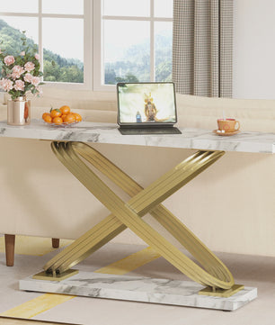 Moderne Console Tafel met Faux Marmer en Gouden X-Frame - 140 cm