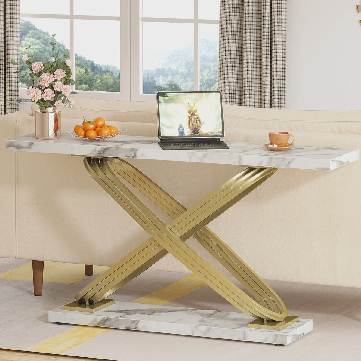 Moderne Console Tafel met Faux Marmer en Gouden X-Frame - 140 cm