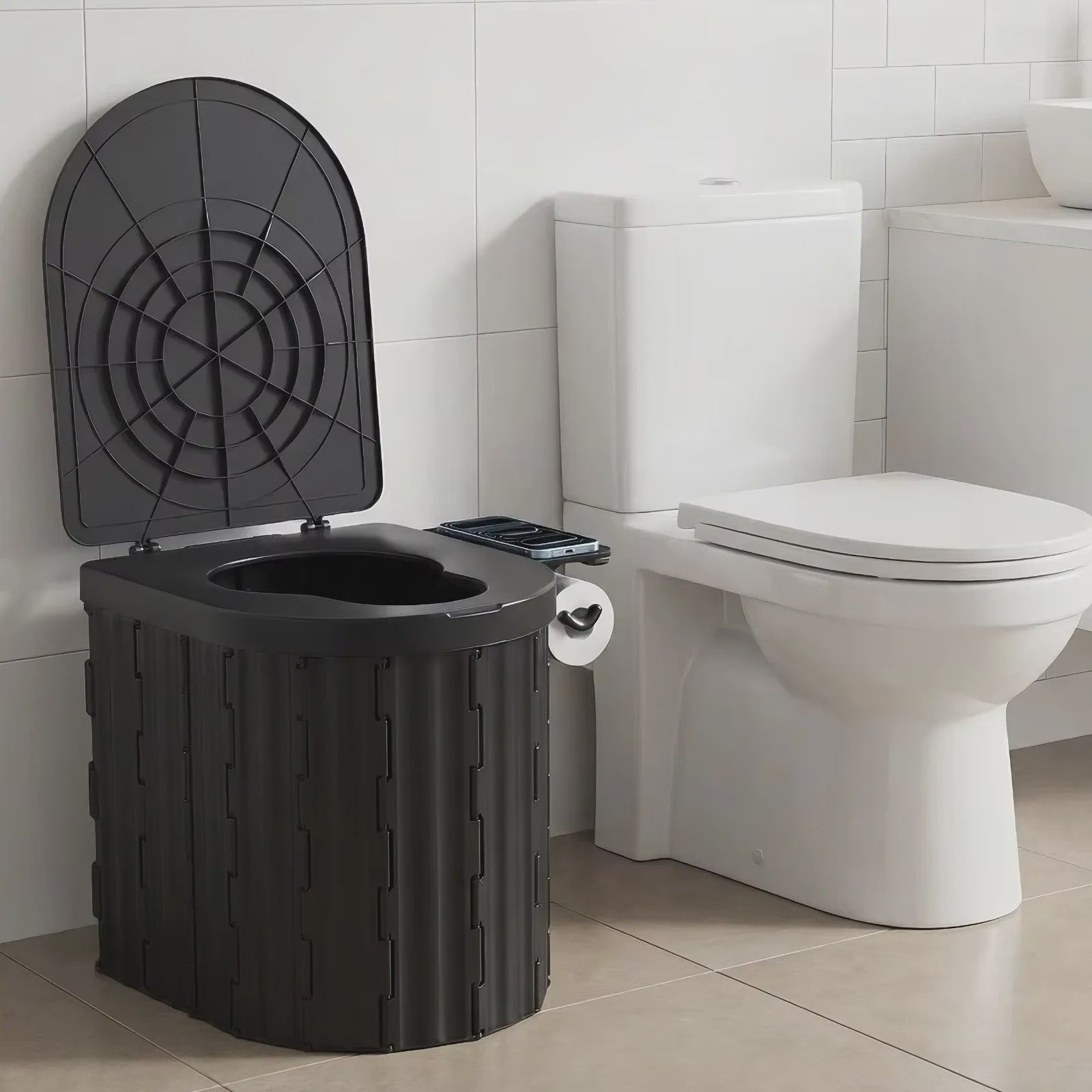 Draagbaar Camping Toilet met Deksel & Toiletrolhouder - Noodtoilet voor Reizen, Kamperen, Auto, Kind & Volwassene