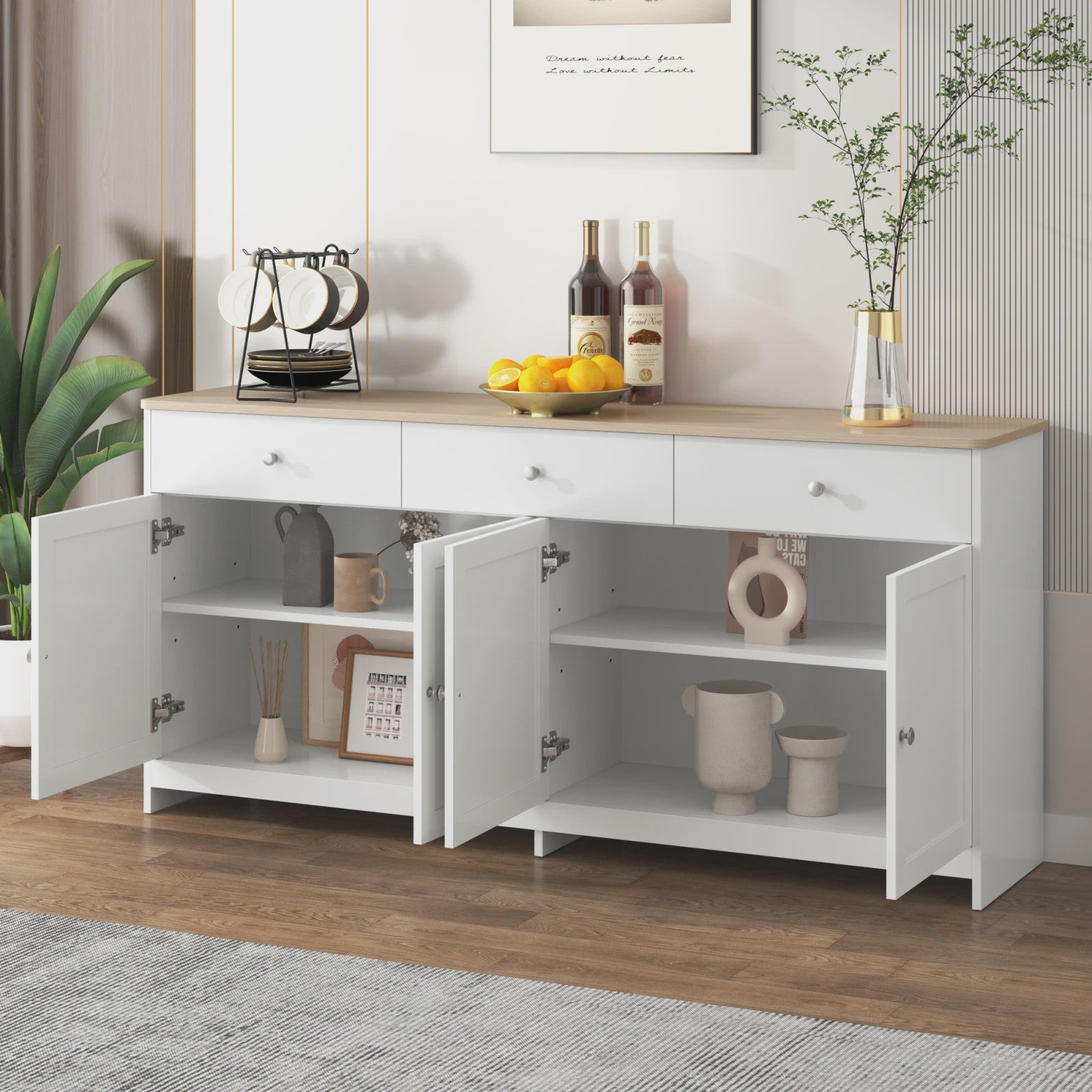 Moderne Witte Sideboardkast met 4 Deuren en 3 Lades - 160x37x75cm