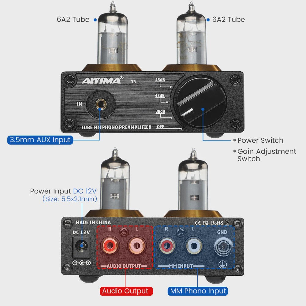 AIYIMA T3 HiFi Vacuum Tube Phono Preamplifier voor Platenspeler