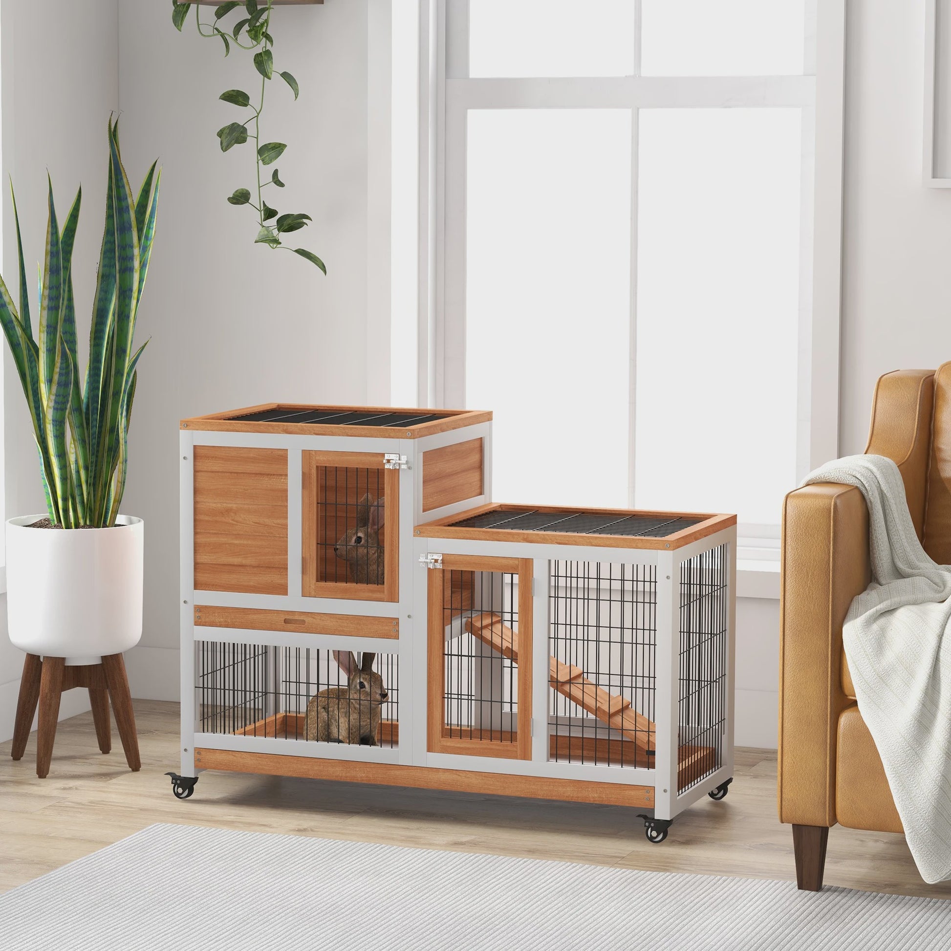 Pawhut Konijnenhok met Open Dak en Uitschuifbare Lade - 90x53x59 cm
