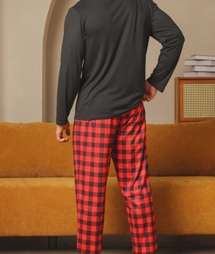 Heren Pyjama Set: Comfortabele Lange Mouwen & Ruitjes Broek voor Herfst/Winter