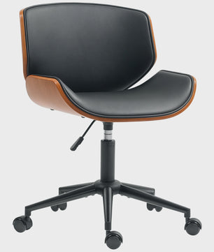 Vintage Armloze Bureaustoel - Draaibaar, PU Leer & Gebogen Hout - In Hoogte Verstelbaar - Zwart/Bruin