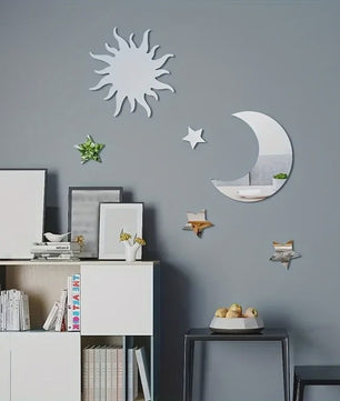 Set van 6 Spiegel Wandstickers: Zon, Maan & Sterren - Decoratieve Acryl Muurstickers