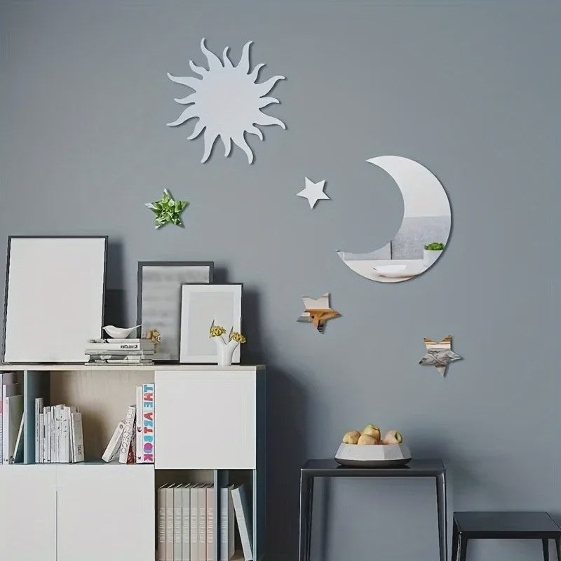 Set van 6 Spiegel Wandstickers: Zon, Maan & Sterren - Decoratieve Acryl Muurstickers