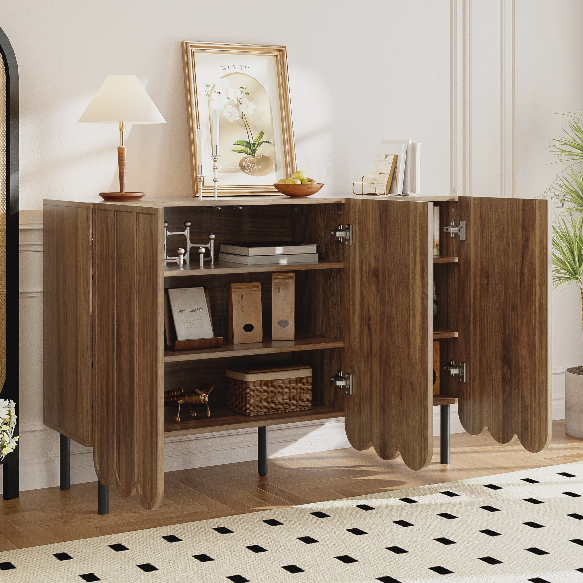 Modern Houten Sideboard met Golfdeuren - 120x35x80 cm - Handgreeploos, Verstelbare Planken