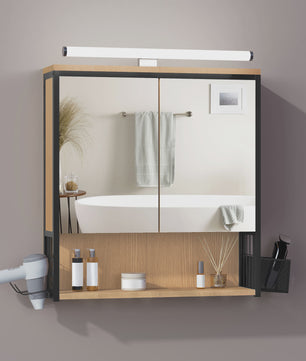 Badkamer Wandkast met Spiegel en LED Verlichting - Opbergkast met Haardrogerhouder & Verstelbare Plank