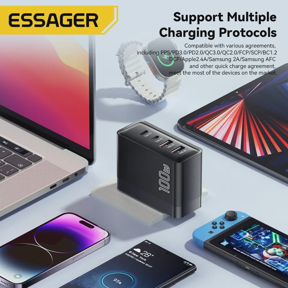 Essager 100W GaN Snellader USB-C PD QC 4.0 3.0 voor iPhone, Xiaomi, Macbook