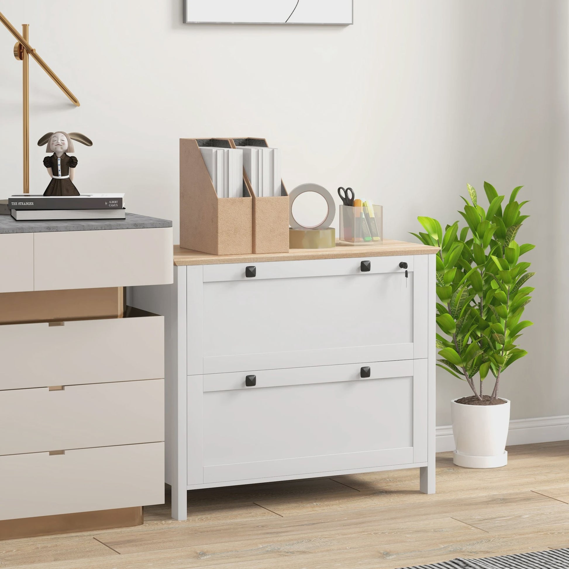 Homcom Archiefkast met 2 Lades, Hangmappen en Slot - Oak/Wit - 79x40x72 cm