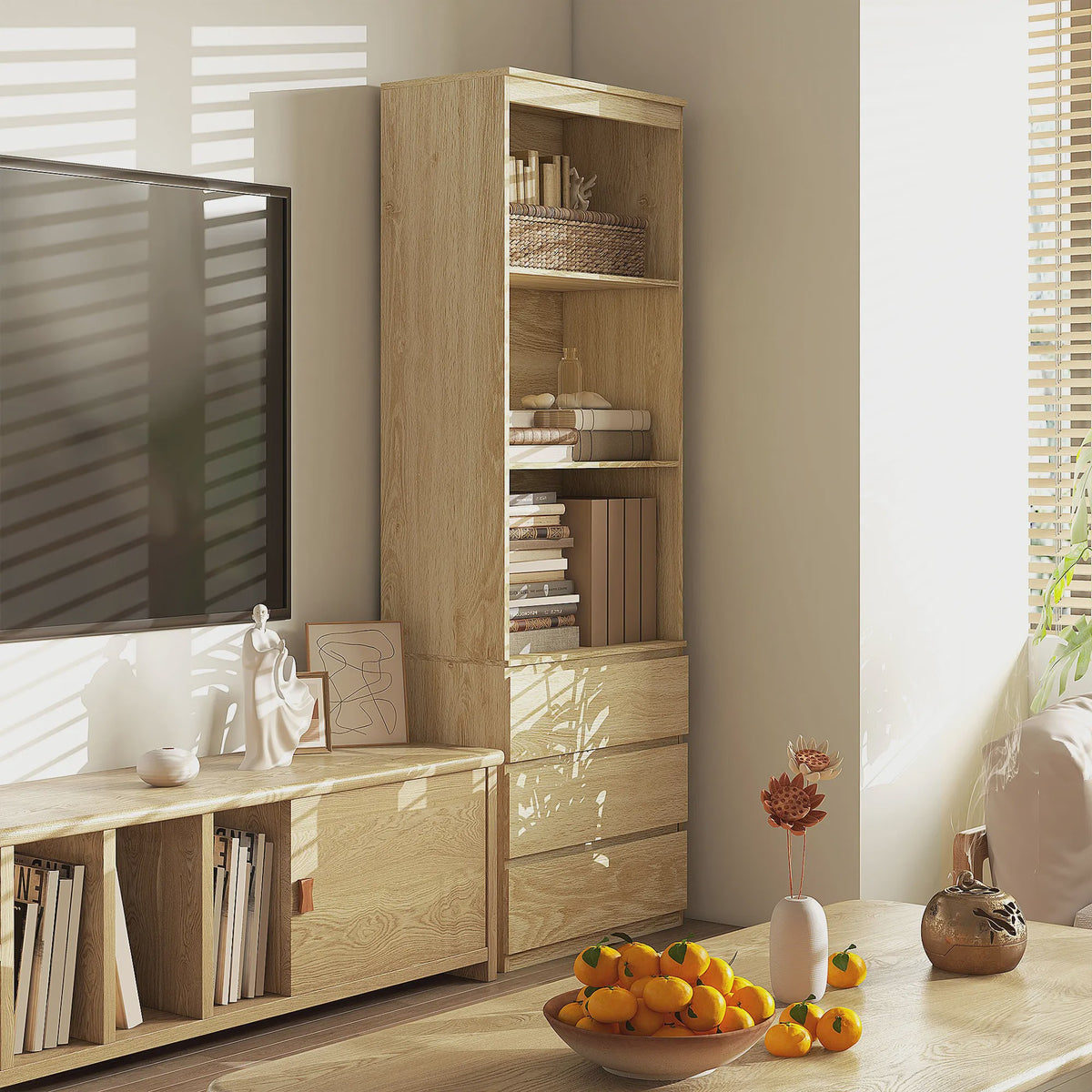 HOMCOM Boekenkast met 3 Planken en 3 Lades - Natuurlijk Hout Effect - 60x35x180 cm