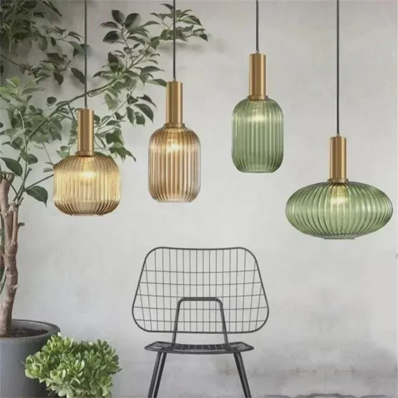 Moderne Ribbel Glazen Hanglamp - Scandinavisch Design in Groen, Grijs & Amber - E27 Fitting